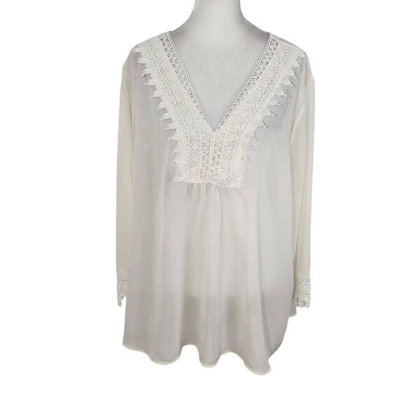 Donna Moore Plus Size Cream Sheer Blouse with Crochet Lace Accents Size 2X - Picture 1 of 8